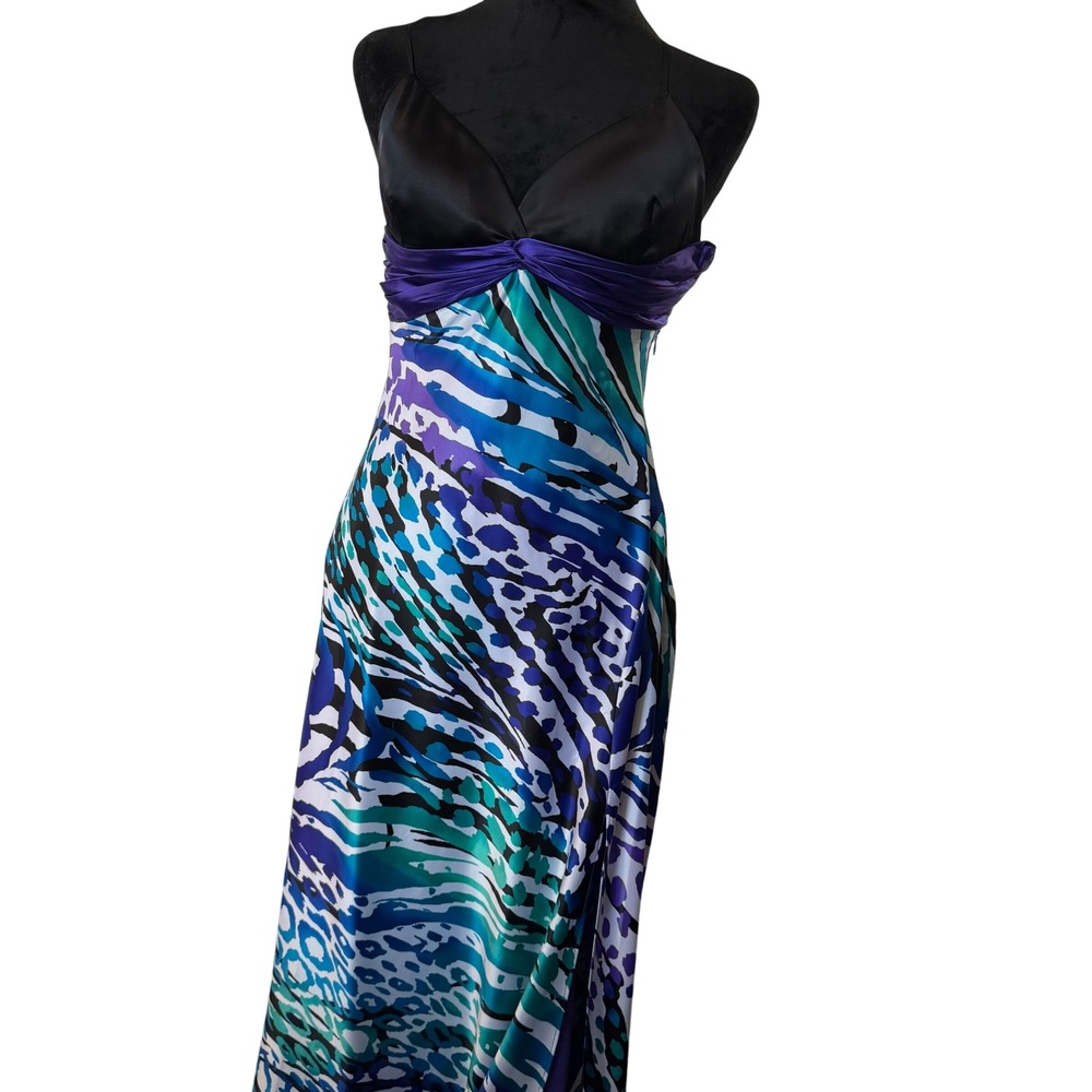 Cache Animal Print Silk Trim Maxi Dress Blue Purple Satin V-Neck Gown Size 2